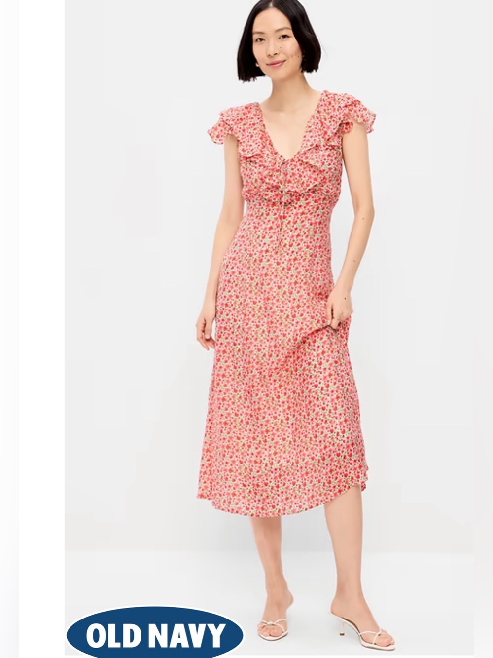 Old Navy Coral Pink Floral Ruffle Midi Dress